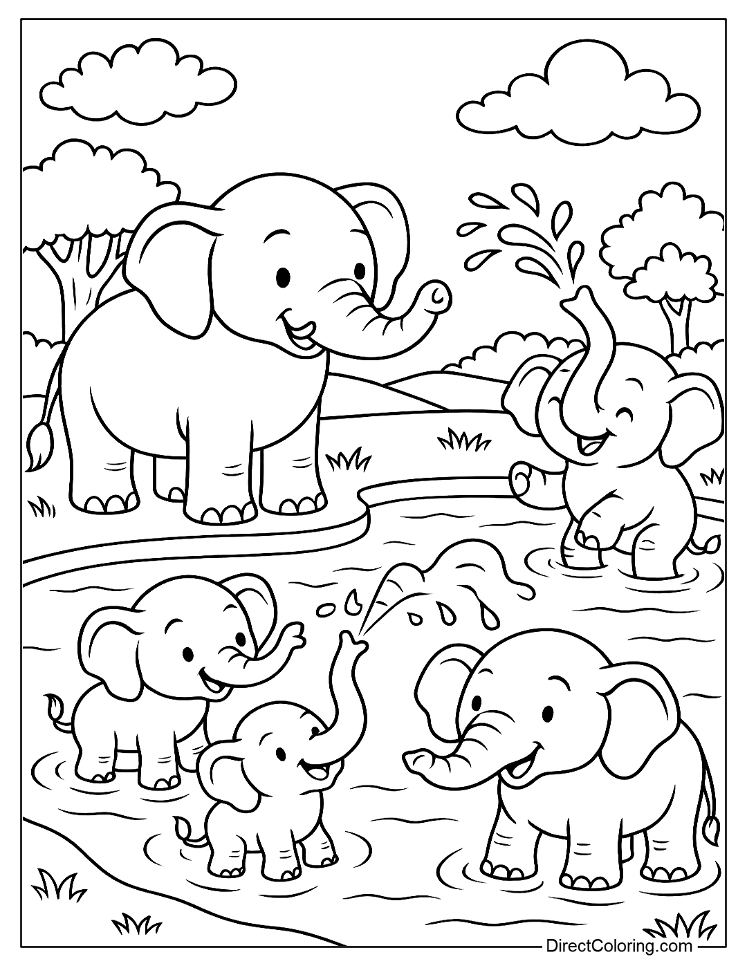 coloring page An elephant family is playing in the water by the lake, the baby elephant sprays water on its mother